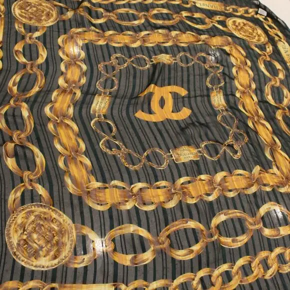 Vintage Chanel Scarf Silk Chain Print Green Square 90s Old Money 36x36 - Picture 3 of 12